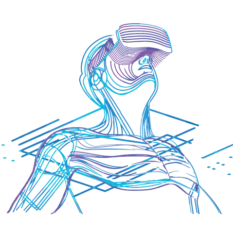 Line-art illustration of a person wearing a VR headset, meditating in a glowing Enso world