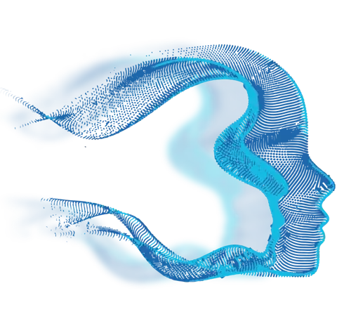 Profile of a human head formed by flowing blue light waves, symbolising a calm mind